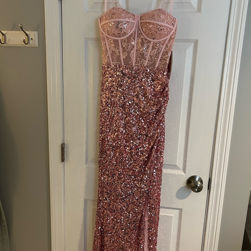 Pink Sequin Lace Prom Gown